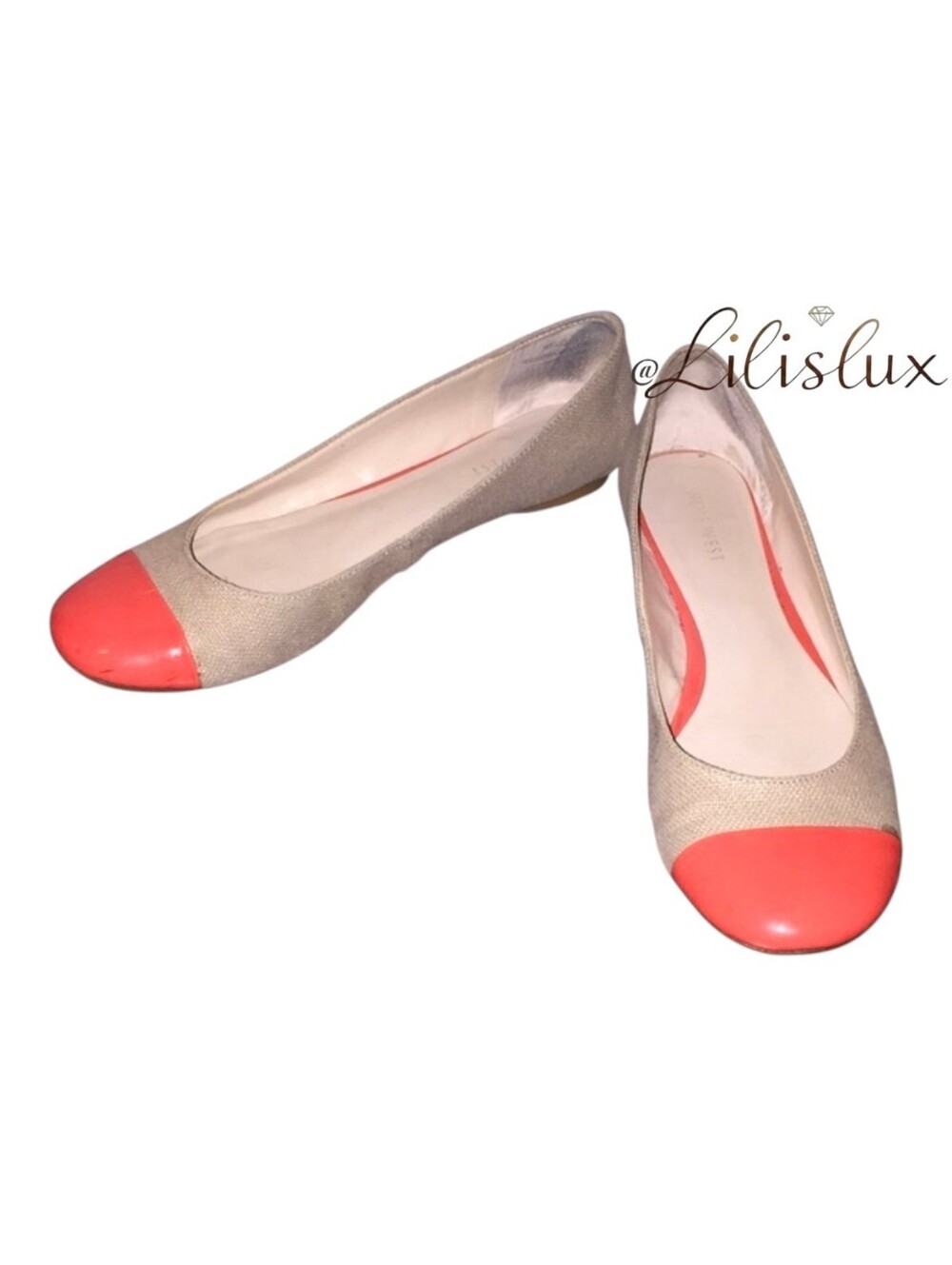 Nine West Coral And Beige Patent Toe Cap Ballet Flats In Size 8 Neutral GUC